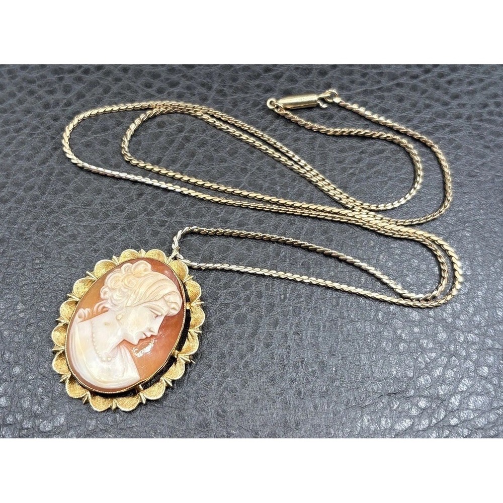 Vintage 14K Esemco Carved Shell Cameo Pendant And Krementz Gold Overlay Necklace